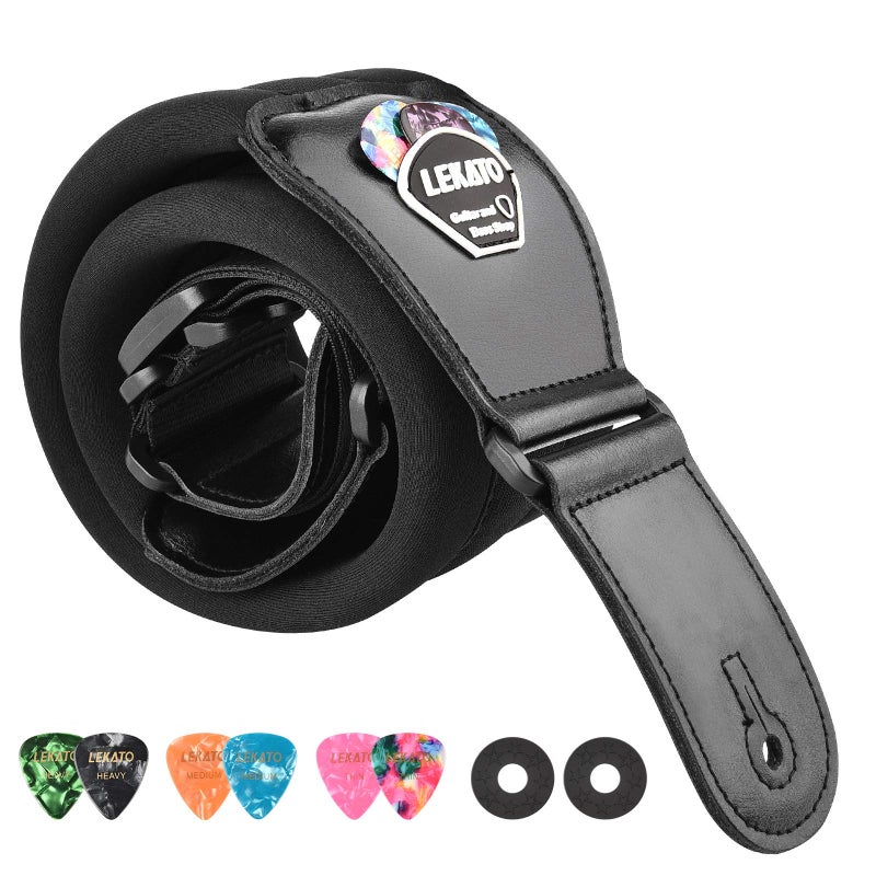 LEKATO Bass Guitar Straps for Electric Guitar & Bass 3" Wide Padded Straps Adjustable Length from 45" to 55" Bass Guitar Strap with Pick Holder 2 Safety Strap Locks & 6 Picks - Image 1